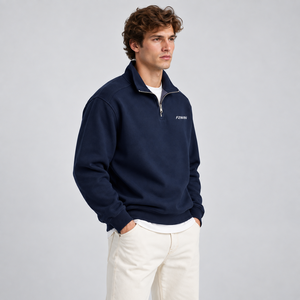 FZWIN <b>Men's</b> Navy <b>Blue</b> Quarter Zip Sweatshirt Regular Fit Solid Color Casual Stand Collar French Terry Knitted Breathable Autumn - Product Image 2