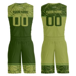 Ensemble d'uniformes de basketball personnalisés sublimés, motif géométrique vert, col en V, sans manches, tissu en maille respirant, unisexe adulte, athlétique - Product Image 2