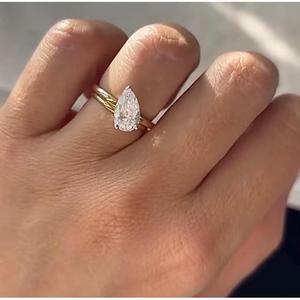 Pear Cut Diamond Engagement <b>Ring</b> Solid Yellow Gold Prong Setting Simple <b>Plain</b> Rounded Band Solitaire Classic Minimalist Bridal - Product Image 3