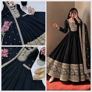 Traje Anarkali Tradicional con Bordado Dorado, Corte Ajustado, Largo hasta el Suelo, de Seda Romana Pesada, Ropa Étnica para Mujer, Boda, Diwali, India - Product Image 2