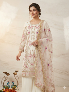 Conjunto de Salwar Kameez de Poliéster Azul Bordado con Dupatta de Malla Floral, Traje Tradicional Indio Pakistaní para Bodas y Fiestas - Product Image 5