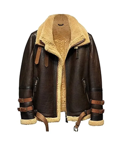Veste aviateur en fausse fourrure marron pour homme, col rabattu épais, fermeture éclair, style motard avec ceinture - Product Image 2