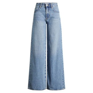 Jean en denim taille basse à jambe large pour femme, décontracté, longueur intégrale, délavé clair, écologique, couleur unie, coupe ample, style hiver - Product Image 1