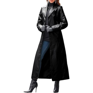 Trench-coat en similicuir pour femme, long manteau boutonné à revers, veste classique à l'aspect cuir avec ceinture pour l'automne et l'hiver - Product Image 1