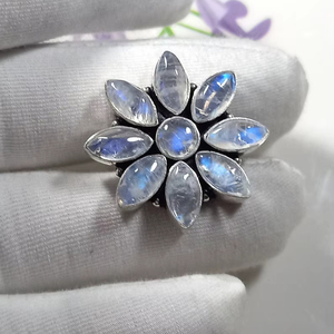 Rainbow Moonstone Flower <b>Ring</b> 925 Sterling Silver <b>Dainty</b> Statement Jewelry Handmade Elegant Gift For Women - Product Image 1