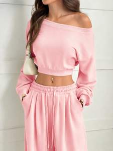 <b>Pink</b> Off-Shoulder <b>Crop</b> <b>Top</b> Hoodies Custom Matching Wide Leg Sweatpants Set Casual Loose Fit Full Sleeve Solid Color Tracksuit - Product Image 4