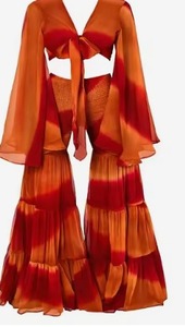 Printed Boho Chiffon 2-Piece Crop <b>Top</b> and Skirt Set V-Neck Flow Maxi Breathable for Outfit Summer Women - Product Image 1