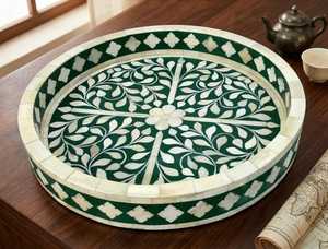 Handmade Green Bone Inlay Tray Round Decorative Serving Tray Coffee <b>Table</b> Organizer Gift - Product Image 4