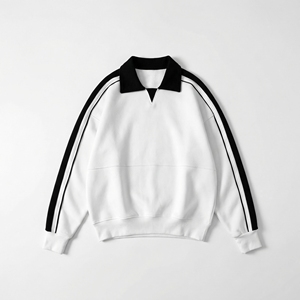 <b>White</b> Black Stripe <b>Polo</b> Collar Sweatshirt | Oversized Rugby Style Pullover | Contrast Stripe Sweatshirt| Custom OEM Manufacturer - Product Image 1
