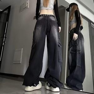 Mid Waist Stonewashed Cargo Jeans Plus Size Women Loose Fit Knee Length Polyester Summer <b>Y2K</b> <b>Streetwear</b> with Pockets - Product Image 3