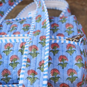 Blue Floral Quilted Cotton Duffel <b>Bag</b> <b>Large</b> Capacity Casual Travel Weekender Handmade Fabric Block Printed Overnight Luggage - Product Image 4