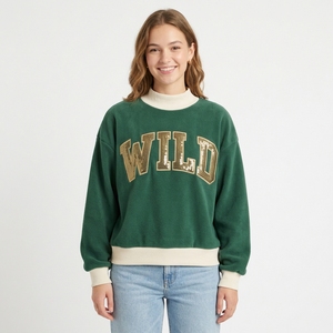 Manufacturer OEM High Quality 100% Cotton Custom <b>Purple</b> Sequined Happy Letter Logo Oversized Mock Neck Sweatshirts Women - Product Image 4