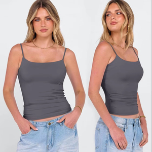 Débardeur d'été pour femme, uni, boutonné, en mélange de coton extensible, tricot côtelé, coupe ajustée, sans manches, léger, respirant, séchage rapide - Product Image 1