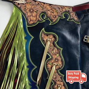 Chaps de Rodeo pour Homme en Cuir Véritable Style Western, à Longues Franges, Motif Floral Gravé à la Main, Coutures Décoratives, Fermeture à Boucle, Coupe Décontractée - Product Image 3