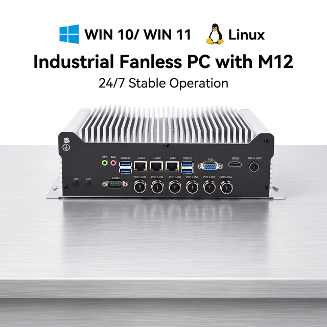 Fanless Industrial Mini PC with M12 Connector 6 PoE LAN for IP Cameras, LiDAR and Sensor, 9-36VDC Optional IGN Vehicle Computer