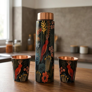 Ensemble de bouteille et de tasse en cuivre, motif oriental bleu et blanc, vaisselle portable pour l'extérieur - Product Image 6