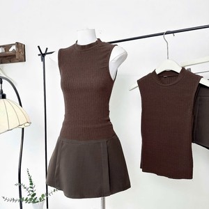 Ensemble débardeur côtelé à col roulé et mini-jupe trapèze au-dessus du genou pour femme, coupe décontractée unie en polyester/coton, toutes saisons - Product Image 4