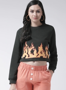 Sudadera de Cuello Redondo para Mujer, Estampado de Llamas Negras, Corte Regular, Manga Larga, Informal, Tejida, 100% Algodón, Ropa de Otoño - Product Image 3