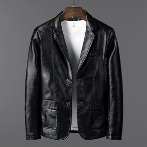 Veste en cuir véritable rouge vin pour homme, col rabattu, simple boutonnage, style décontracté - Product Image 2