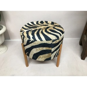 Round Fabric <b>Pouf</b> With Zebra Print Pattern Wooden Legs Modern Living Room Decor - Product Image 2