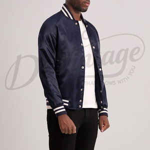 Veste de baseball classique en satin bleu marine pour homme, style bomber décontracté, boutons pression, style Letterman, avec bordure côtelée rayée - Product Image 5