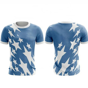 Camiseta de Manga Corta Azul para Hombre, Cuello Redondo, Estilo Casual, Estampado de Estrellas Blancas, Patrón Geométrico, Tejido de Punto Jersey, Transpirable, Corte Regular - Product Image 1