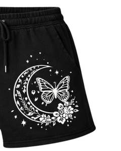 Shorts en molleton noirs personnalisés pour femmes avec imprimé papillon et lune, taille élastique, décontractés, été, fabricant sur mesure, OEM, approvisionnement en gros - Product Image 4