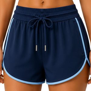 Shorts de course pour femmes bleu marine avec passepoil bleu ciel, en polyester, séchage rapide, taille élastique avec cordon de serrage, pour la gym et le fitness - Product Image 1