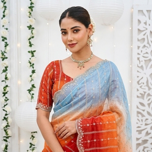 Traditional Indian Silk <b>Saree</b> For Women Wedding <b>Orange</b> Blue Gradient Embroidered Sari Regular Fit Floor Length Ethnic Wear - Product Image 2