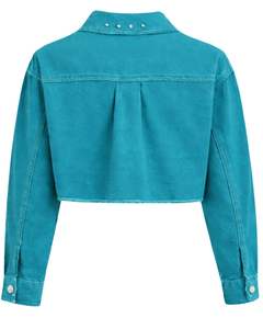 Chaqueta vaquera corta para mujer, color verde azulado, personalizada, con botones en los hombros adornados con pedrería, manga larga, estilo casual urbano. - Product Image 2