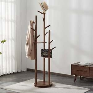 SINTERIOR 3 POST WOODEN COAT RACK FREESTANDING CLOTHES HANGER WITH <b>HOOKS</b> FOR HOME HOTEL - Product Image 1