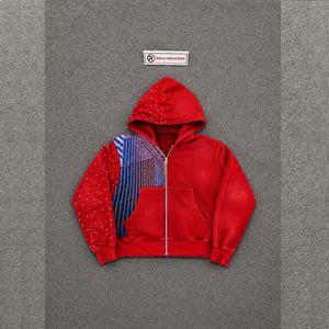 Sweat à capuche zippé oversize rouge pour homme avec imprimé abstrait, manches régulières, en polyester tricoté, pour l'automne, style urbain, vente en gros - Product Image 5
