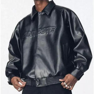 Chaqueta de Cuero Genuino para Hombre con Logotipo en Relieve 3D, Cuello Byron, Botones a Presión, Chaqueta Bomber de Cuero Extra Grande, Elegante para el Invierno - Product Image 1