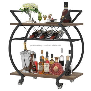 Chariot de bar roulant moderne industriel à cadre métallique rond avec étagères en bois massif et rangement pour bouteilles de vin pour salon - Product Image 1