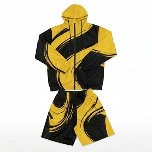 Ensemble de survêtement unisexe doré et noir à motif géométrique, manches longues, capuche, fermeture éclair, poches latérales, séchage rapide, polyester, tenue sportive d'été - Product Image 5