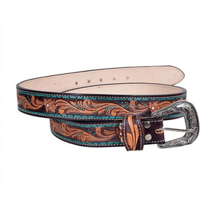 Hermoso cinturón de cuero occidental con grabado floral tallado a mano para hombres y mujeres con hebilla de latón plateado antiguo de diseño. - Product Image 3