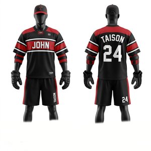 Mens Lacrosse Uniform Set Premium Breathable Polyester <b>Mesh</b> 300 Grams <b>Black</b> Red White Custom Team Name Number Printing Crew Neck - Product Image 1