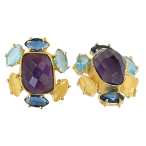 Boucles d'oreilles clous en améthyste faites à la main, plaqué or 18 carats, laiton, géométriques, classiques, pour soirée, vente en gros - Product Image 3