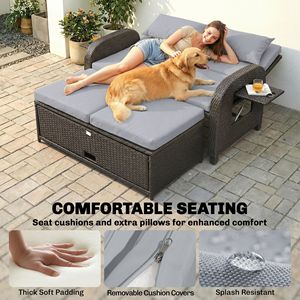 Divano Letto in Rattan Grigio per Esterni con Pouf Contenitore, Mobili da Giardino in Vimini con Schienale Regolabile e Tavolini Laterali - Product Image 6