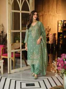 <b>Women</b> Ethnic Motifs Embroidered Silk Loose Fit Casual Wedding Regular Thread Work <b>Kurta</b> with Trousers & Dupatta - Product Image 5