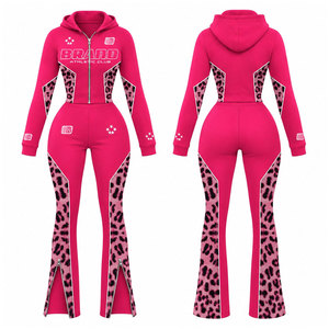 Survêtement rose à capuche pour femme, style sportif, avec fermeture éclair intégrale, ourlet fendu, imprimé léopard et poches latérales - Product Image 1