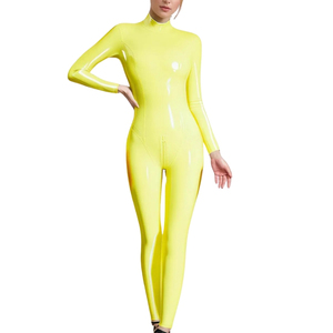 Mono de mujer amarillo de manga larga con cuello alto, recubrimiento de PU, cintura alta, ajustado, estilo clubwear con cremallera - Product Image 1