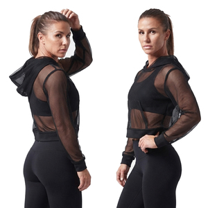 Hoodies courts en maille transparente pour femmes, légers, 100% polyester, style tendance, maille transparente, sexy, crop top - Product Image 6