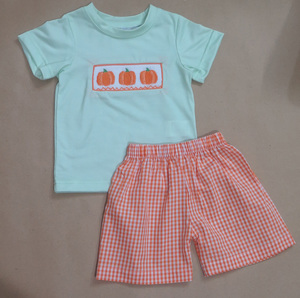 Pumpkin hand Smocked Top & Bloomer Shorts Set, <b>Mint</b> Green Fall 2-Piece Toddler Girl Outfit - Product Image 2
