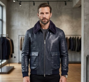 Chaqueta de cuero genuino para hombre, estilo bomber, con cuello de piel de oveja, diseño en relieve, a prueba de viento, estilo motociclista, para invierno. - Product Image 5