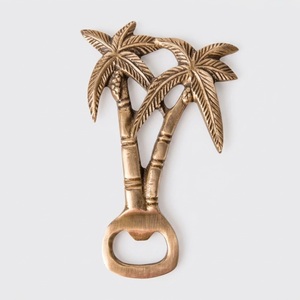 Ouvre-bouteille en laiton massif, design vintage antique doré, double motif palmier, décapsuleur manuel pour la décoration de bar à domicile et d'hôtel de plage - Product Image 1