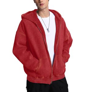 Sweat-shirt à capuche zippé surdimensionné pour homme en polaire rouge, couleur unie, tricoté, coupe classique, pour l'automne – Collection Homme : Sweats à capuche et sweats - Product Image 2
