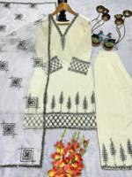 TENNECY Ensemble Salwar Kameez Farshi pour Femme, Tenue de Mariage et de Fête Diwali, avec Duppata Fantaisie, Broderie Lourde, Réversible, Infroissable, Naturel