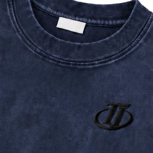 Vintage Washed <b>Navy</b> <b>Blue</b> Oversized Cotton T <b>Shirt</b> with Embroidered Chest Logo Unisex Streetwear Tee - Product Image 4