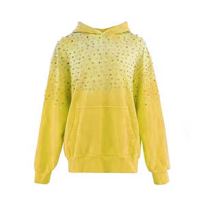 Sweat-shirt à capuche surdimensionné jaune, décoré de strass, unisexe, vêtement d'automne, couleur unie, manches longues, matière polaire - Product Image 1